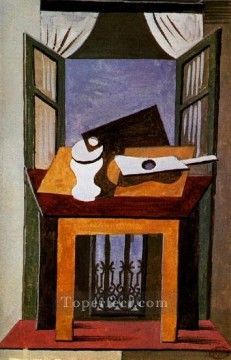  1919 Works - Nature morte sur une table devant une fenetre ouverte 1919 Cubist